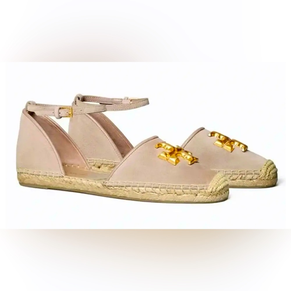 TORY BURCH ELEANOR D'ORSAY ESPADRILLE FLAT CERBIATTO SUEDE GOLD LOGO SZ US 10.5